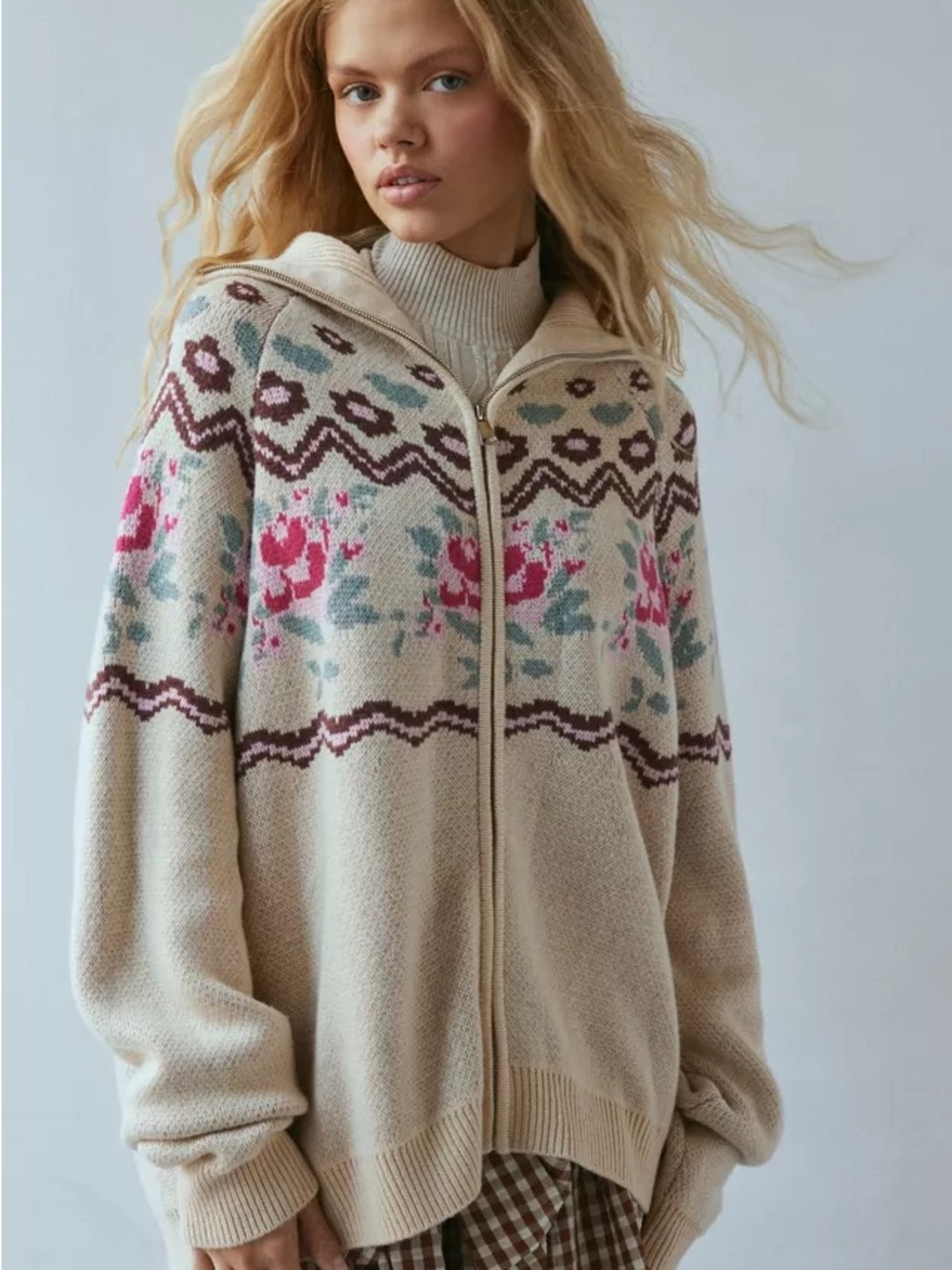 NWT For Love And Lemons Ski Lodge Cream Fair Isle Zip-Front Floral Cardigan